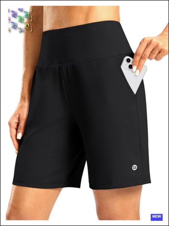 Pants - High Waisted Athletic Bermuda Shorts 7" with Zipper Pockets - Stretchy Running